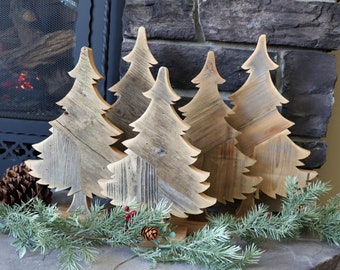 Rustic Pine Tree made from Barn Wood/Weathered Reclaimed, Multi Sizes, Mounted on Stand, Tabletop, Mantel, Book Shelf