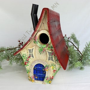 Bird House, Fairy/Gnome Rustic Whimsical Style, Hand Painted Vines/Flowers, Engraving, Smoke Stack, Hangers, Curved Roof, Hidden Clean-out