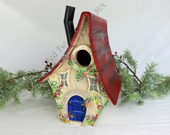 Bird House, Fairy/Gnome Rustic Whimsical Style, Hand Painted Vines/Flowers, Engraving, Smoke Stack, Hangers, Curved Roof, Hidden Clean-out