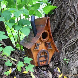 Bird House, Fairy/Gnome/Hobbit Rustic Whimsical Style, Reclaimed Wood, Engraved Details, Smoke Stack, Hangers, Curved Roof, Clean-out Door