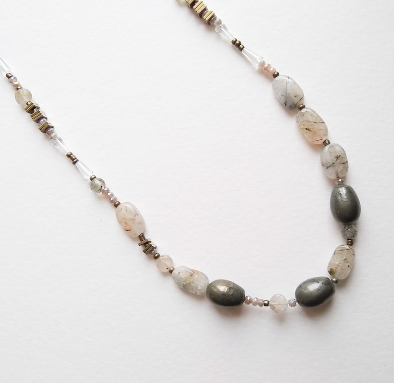 Rutilated Quartz Humble Beginnings Christan Modern Necklace with Sterling Silver Lobster Clasp with Extender Pyrite and Moonstone