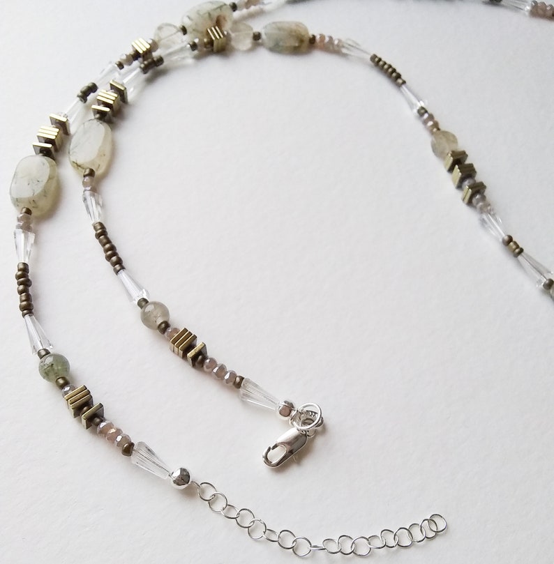 Rutilated Quartz Humble Beginnings Christan Modern Necklace with Sterling Silver Lobster Clasp with Extender Pyrite and Moonstone