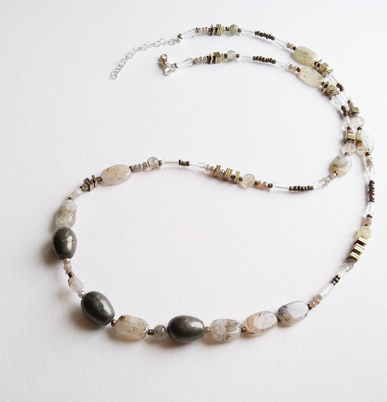 Rutilated Quartz Humble Beginnings Christan Modern Necklace with Sterling Silver Lobster Clasp with Extender Pyrite and Moonstone