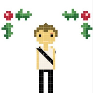 Könnte beinhalten: Eine Pixel-Art-Illustration einer Figur aus dem Film 'Star Wars' mit dem Text 'Yippee-ki-Yay Mother F***er!' darunter. Die Figur trägt ein weißes Hemd mit einem schwarzen Band und eine schwarze Hose. Der Hintergrund ist weiß mit grünem und rotem pixelartigem Stechpalmenlaub.