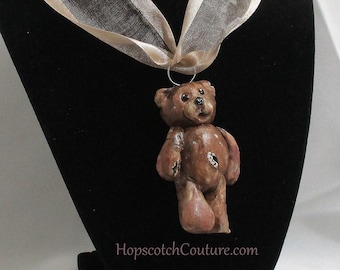 Teddy Bear Statement Necklace, Well Loved Teddy Pendant, One of a Kind Handmade Toy Teddy Bear Pendant by Marelle Couture