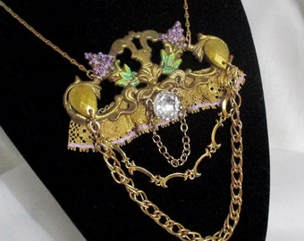 Dramatic Gold Multi Chain Necklace, One of a Kind Statement Pendant, Lilacs & Lace Woman's Necklace, Upcycled Jewellery by Marelle Couture