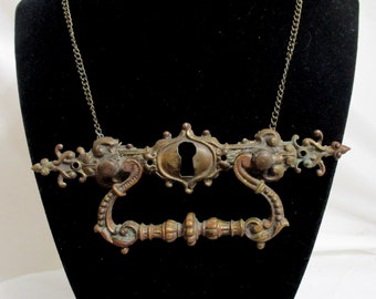 Antique Keyhole Escutcheon Pendant, Rustic Victorian Statement Necklace by Marelle Couture. OOAK Key to My Heart Victorian Core Jewellery