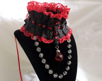 Red and Black Lace Goth Choker, Statement Cottage Core Choker, Dramatic Woman's Handmade Jewelry by Marelle Couture, OOAK Vampire Core