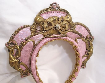 Corona de princesa rosa, corona nupcial única en su tipo, corona de diadema rosa y dorada, accesorio nupcial rosa, accesorio de traje real único