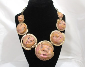 Seven Face Bib Necklace, Funny Handmade Statement Necklace by Marelle Couture. Unique Multi Personality Jewellery, Great OOAK Jewelry Gift