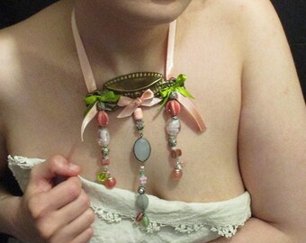 Pink Pastel Beaded Dangle Necklace, One of a Kind Woman's Vintage Upcycled Bib Necklace Handmade with vintage materials by Marelle Couture