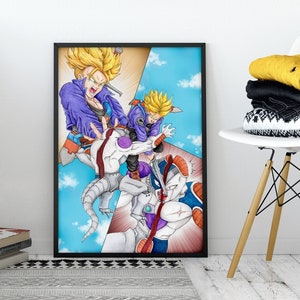 Puede incluir: Una impresión artística enmarcada que representa una escena de batalla con personajes de anime. La obra presenta personajes con cabello rubio puntiagudo, vistiendo trajes morados y azules, sobre un fondo de cielo vibrante. La impresión se exhibe en una pared blanca.