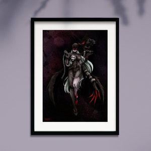 Può includere: Un'illustrazione digitale di una donna con lunghi capelli bianchi, vestita con un abito nero con un design a forma di teschio, e che tiene delle catene. È circondata da figure scure e ombrose con artigli rossi.