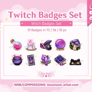Puede incluir: Un conjunto de 10 insignias de Twitch con temática de brujas, con ilustraciones de una botella de poción, una vela, un sombrero de bruja, una bola de cristal, un hongo, un caldero, un libro con un pentagrama, un cristal, un libro y un gato negro. Las insignias están diseñadas en un estilo de dibujos animados con colores vibrantes y están disponibles en tres tamaños: 72x72 píxeles, 36x36 píxeles y 18x18 píxeles.