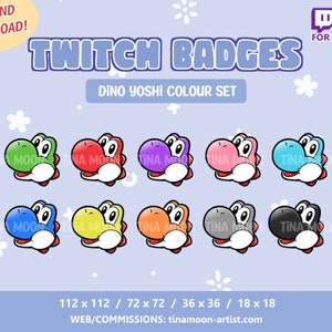 Puede incluir: Un conjunto de ocho insignias de Twitch con un dinosaurio Yoshi de dibujos animados en diferentes colores, incluidos verde, rojo, morado, rosa, azul, amarillo, naranja, gris y negro. Las insignias están diseñadas en un estilo pixelado y están disponibles en varios tamaños, incluidos 112 x 112, 72 x 72, 36 x 36 y 18 x 18 píxeles. El texto "TINA MOON" aparece en cada insignia.
