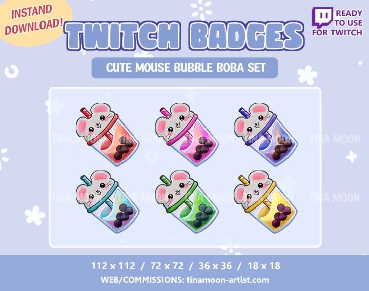 Mouse Bubble Boba Badge Set Set Mouse Emblems TWITCH / Kawaii / Bits ...