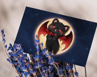 Postcard - Cute Original Vamp Cat / Cuteart, Animals, Kitty, vampire, magic, magical, Halloween, postcard