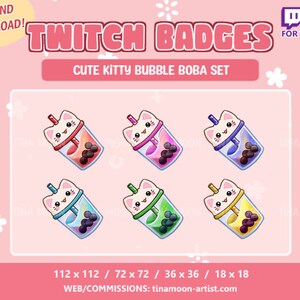 Puede incluir: Seis insignias de chat de Twitch con un lindo gatito de dibujos animados sosteniendo una taza de boba tea con bebidas de diferentes colores y perlas de tapioca. Las insignias son de varios tamaños: 112 x 112, 72 x 72, 36 x 36 y 18 x 18 píxeles. El texto "TWITCH BADGES" y "CUTE KITTY BUBBLE BOBA SET" se muestra encima de las insignias.