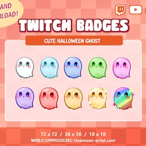 Puede incluir: Nueve variaciones diferentes de un lindo fantasma de dibujos animados con cuerpos y ojos de diferentes colores. Los fantasmas están dispuestos en tres filas de tres. El texto "TWITCH BADGES" está en la parte superior de la imagen, y el texto "CUTE HALLOWEEN GHOST" está debajo de los fantasmas. El texto "72 x 72 / 36 x 36 / 18 x 18" está en la parte inferior de la imagen, y el texto "WEB/COMMISSIONS: tinamoon-artist.com" está debajo.