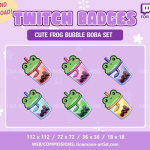 Puede incluir: Conjunto de seis insignias de chat de Twitch con lindas ranas de dibujos animados bebiendo té de burbujas en varios colores. Las insignias están disponibles en cuatro tamaños: 112 x 112, 72 x 72, 36 x 36 y 18 x 18 píxeles.