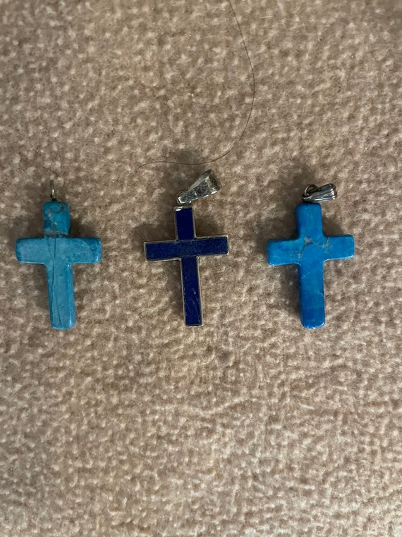 2 Turquoise Crosses and 1 Blue Enamled and Silver 