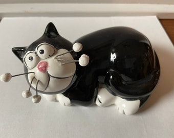 Ceramic Black And White Cat Coin Bank With Wire Whiskers