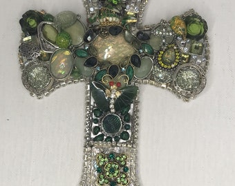 Memorial Crosses, Bejeweled Cross, Vintage Recycled Jewelry, Jewelry Embellished Art, One of a Kind, Handmade, Housewarming Gift, Crosses