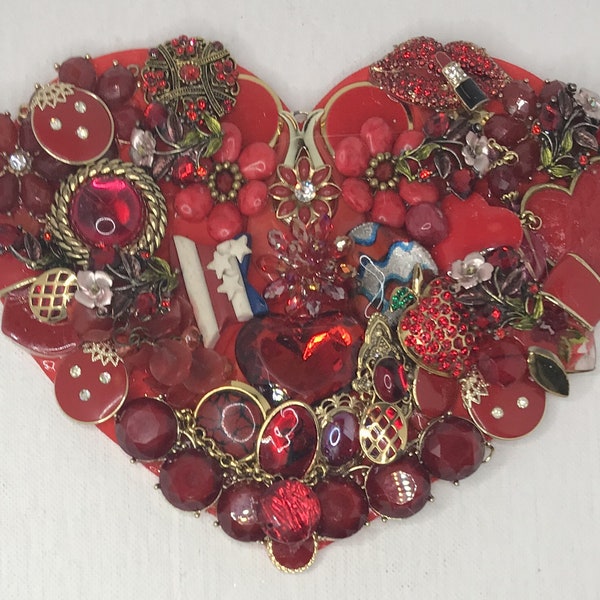 Vintage Jewelry Heart,  Bejeweled Heart, One-of-a-Kind,  MemorialHeart, Housewarming Gifts, Hanging Wall Art, Religious Gifts