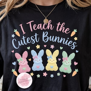 Lehrer Ostern Shirt PNG | Ich lehre die süßeste Häschen-Kunststickerei | Pastell Chenille Bunny Patch Sublimation