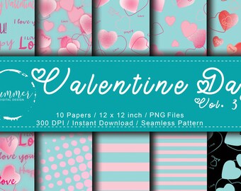 Valentine Seamless Heart Pattern Digital Paper,Seamless Digital Paper,Heart Digital Papers,Valentine background,Teal Pink Digital Paper