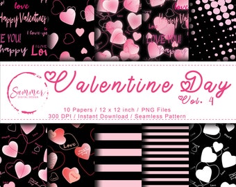 Valentine Digital Paper Seamless Pattern,Heart Digital Paper,Valentine Heart Digital Papers,Valentine background,Black Pink Digital Paper