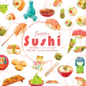 Sushi Clipart, Cute Food Clipart, Japanese Food, Watercolor Digital Elements, Scrapbooking Supplies, Instant Digital Download