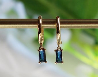 Sapphire Baguette Dangle Charm Earrings, Drop hoops, Huggie hoops, Pave Earrings, Blue Earrings, September birthstone, Gift for her