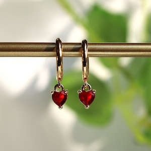 Ruby Red Heart Dangle Charm Earrings, Huggie hoops,  Pave Earrings, January Birthstone, Bridesmaid Gifts, Red Earrings, Valentines Gift
