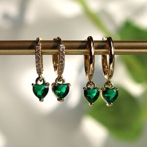 Emerald Heart Dangle Charm Earrings, Huggie hoops,  Pave Earrings, Birthstone, Bridesmaid Gifts, Red Earrings, Gift for Her,