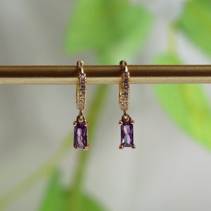 Amethyst Baguette Dangle Charm Earrings, Drop hoops, Huggie hoops, 18k Gold Jewelry, Gift for Daughter, Birthstone, Purple, Lavender