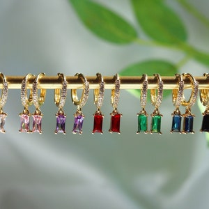 Baguette Dangle Drop Hoops, Huggie Hoops, Emerald, Diamond, Dainty hoops, Gift for her, Minimalist Jewelry, Multicolor, Everyday, 18k Gold