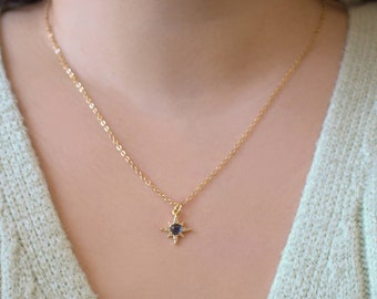 Dainty Blue Sapphire Star Necklace - Layering Necklace - 18k Gold Necklace - Birthstone Pendant Necklace - North Star Charm Choker