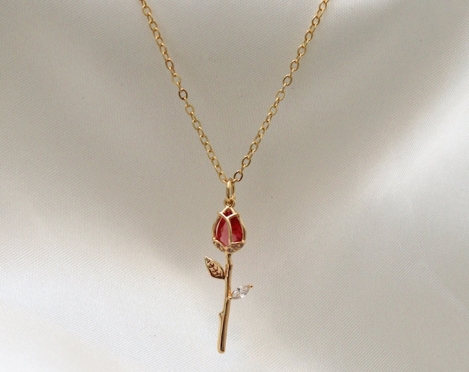 Red Rose Necklace, Layering necklace, Flower necklace,  Rose Pendant, Dainty Charm Flower, Dainty Rose Necklace, Christmas Gift, For her