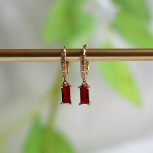 Red Ruby Baguette Dangle Charm Earrings, Drop hoops, Huggie hoops, Gift for Mom, January, Bridesmaid Gifts, Red Earrings, Garnet Earrings