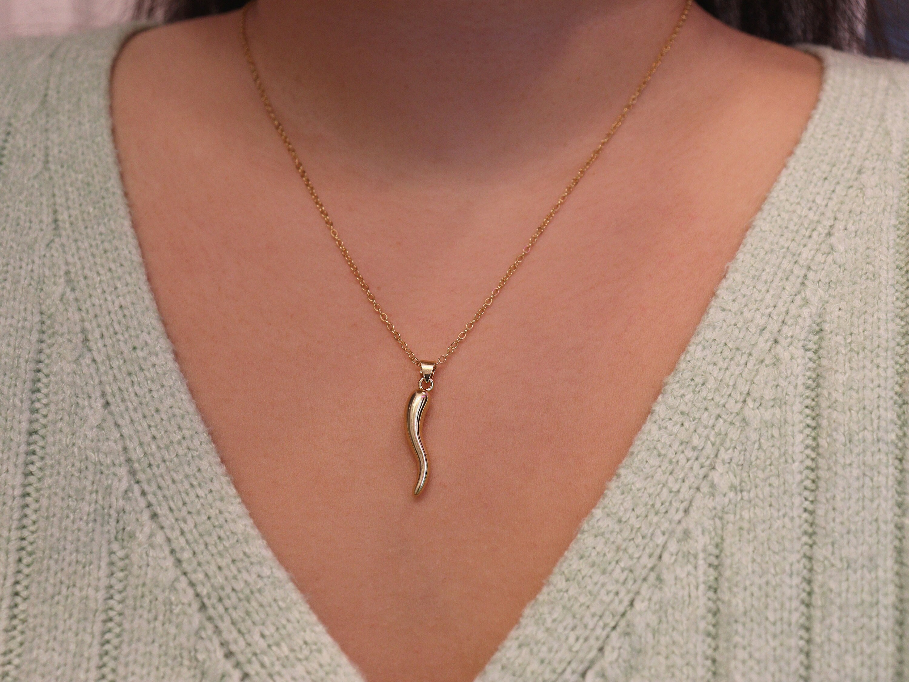 18k Gold Plated Italian Horn Necklace - Lucky Cornicello Pendant