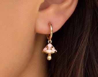Mushroom Hoop Earrings, Huggie Hoop Earrings, Pink and Gold Jewelry, Nature Earrings, Gifts for her, Gold Hoops, 18k Gold, Dangle Drop