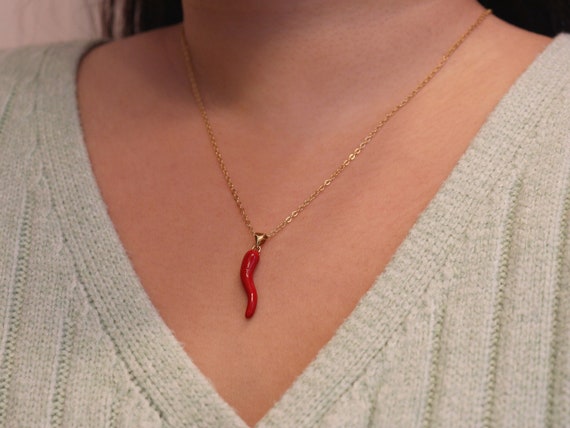 18k Gold Plated Italian Horn Necklace - Lucky Cornicello Pendant