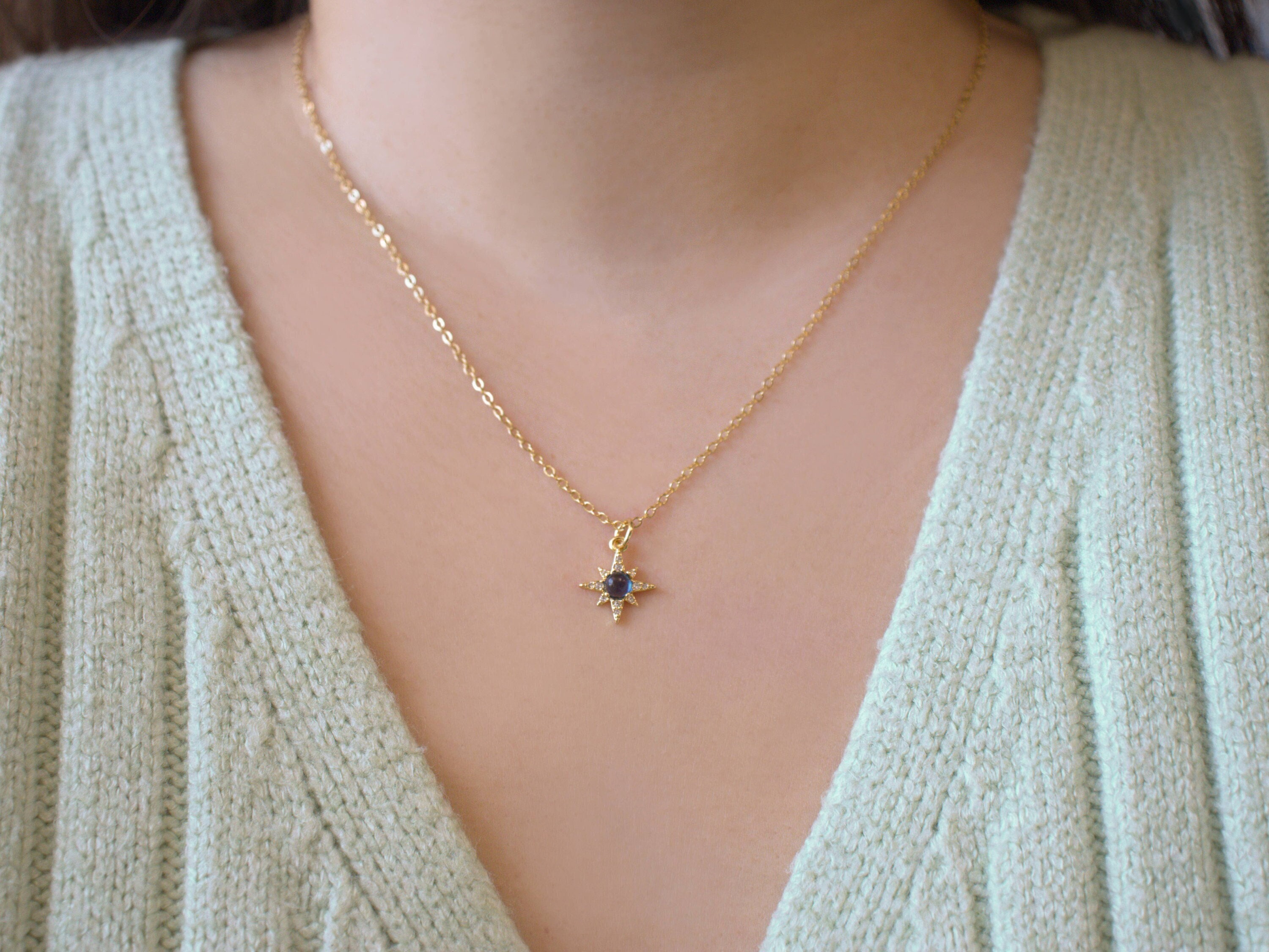 Dainty Blue Sapphire Star Necklace - Layering Necklace - 18k Gold 