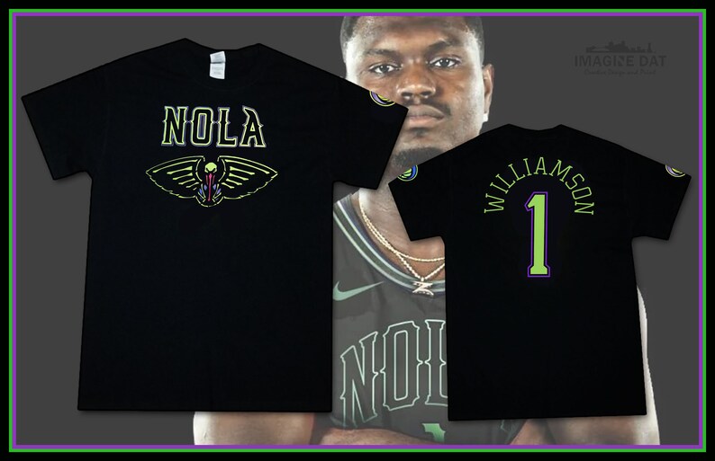May include: Two black t-shirts with green and yellow text. One shirt says "NOLA" with a pelican graphic. The other shirt says "Williamson 1".