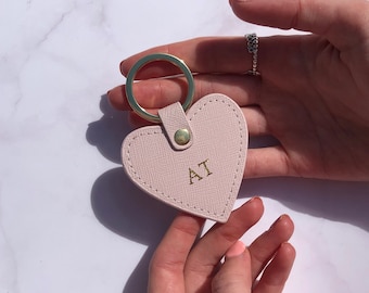 Saffiano Leather Heart Keyring - Pink - Personalised