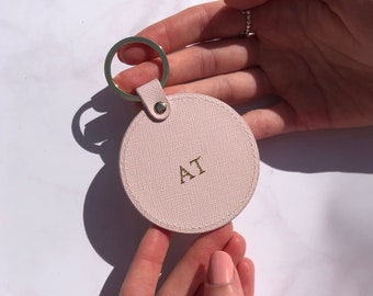 Saffiano Circle Leather Keyring - Pink - Personalised