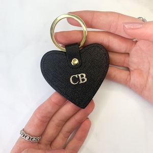 Saffiano Leather Heart Keyring - Black - Personalised