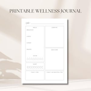 Puede incluir: Un diario de bienestar imprimible con secciones para comidas, ejercicio y autocuidado. El diario incluye indicaciones para el desayuno, el almuerzo, la cena, los refrigerios, la ingesta de agua y el sueño. También tiene espacios para registrar los sentimientos y la gratitud diarios.