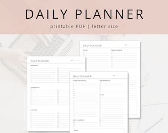 Minimalist Daily Planner Printable Template, Undated Day Organizer, Day-to-Day Task List & Productivity Planner PDF for Time Management